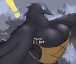  ! 2021 anthro avian beak big_breasts bird black_body black_feathers blue_eyes breast_squish breasts cleavage cleavage_overflow clothed clothing corvid corvus_(genus) english_text eyelashes feathers female hi_res huge_breasts hugin_(valheim) japanese_text looking_at_viewer non-mammal_breasts oscine outside passerine raven smile solo squish standing sutasl text translated valheim winged_arms wings 