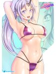  1girl arms_behind_head bikini breasts collarbone commentary cowboy_shot h-mune horns large_breasts long_hair multi-strapped_bikini navel oni_horns purple_bikini purple_eyes purple_hair shion_(tensei_shitara_slime_datta_ken) single_horn solo swimsuit tensei_shitara_slime_datta_ken twitter_username upper_body zoom_layer 