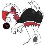  angry anthro bent_over big_butt bottomwear butt canid canine claws clothing darkwolfhybrid ear_piercing female glowing glowing_eyes hi_res looking_back lycanroc mammal midnight_lycanroc nintendo pawpads paws piercing pok&eacute;mon pok&eacute;mon_(species) raised_tail shaundi_(darkwolf) shorts slightly_chubby solo video_games 