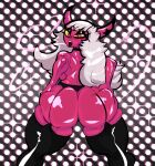  absurd_res big_breasts big_butt breasts butt clothing demon demon_humanoid female hair helluva_boss hi_res holding_butt huge_butt humanoid legwear looking_back red_body repomorame solo thick_thighs thigh_highs verosika_mayday_(vivzmind) white_hair yellow_sclera 