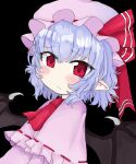  1girl absurdres ascot bat_wings blue_hair blush dress eyebrows_visible_through_hair frilled_dress frills hat hat_ribbon highres long_sleeves looking_at_viewer mob_cap pink_dress red_eyes remilia_scarlet ribbon solo touhou vreparty wings 