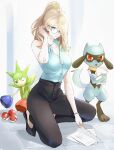  1girl alternate_hairstyle black_footwear black_pants blonde_hair breasts cleavage collared_shirt cynthia_(pokemon) full_body gen_3_pokemon gen_4_pokemon glasses hair_over_one_eye high-waist_pants high_heels highres indoors kneeling large_breasts long_hair pants pokemon pokemon_(creature) pokemon_(game) pokemon_dppt ponytail riolu roselia round_eyewear shirt sleeveless sleeveless_shirt tile_floor tiles tommy_(kingdukeee) 