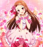  1girl bare_shoulders blush brown_hair commentary_request dress earrings flower hair_flower hair_ornament hands_up head_tilt highres hina_(araburu-hinadori) idolmaster idolmaster_(classic) jewelry long_hair looking_at_viewer minase_iori off-shoulder_dress off_shoulder open_mouth pink_dress pink_eyes rose smile solo sparkle 