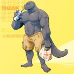  5_fingers 5_toes anthro bag beverage biceps black_body bottomwear cargo_shorts clothed clothing english_text feet fingers green_sclera hawke_(imfeelingbleu) holding_object humanoid_feet lizard looking_back male musclegut muscular muscular_anthro muscular_male nails navel nipples pecs reptile scalie shopping_bag shorts solo tagme text toes topless unknown_artist v-cut 