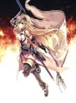  1girl applekun armor armored_boots armored_dress banner black_legwear blonde_hair blue_eyes boots breasts breasts_apart chain closed_mouth dress fate/apocrypha fate_(series) floating_hair full_body fur-trimmed_legwear fur_trim gauntlets headpiece highres holding jeanne_d&#039;arc_(fate) jeanne_d&#039;arc_(fate)_(all) leg_up long_hair medium_breasts shiny shiny_hair side_slit smile solo thighhighs very_long_hair white_dress 