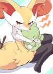  3_fingers 3_toes ambiguous_gender anthro blush bodily_fluids braixen canid canine cheek_tuft facial_tuft feet fingers fur half-closed_eyes hi_res hug inner_ear_fluff kemono looking_at_viewer mammal multicolored_body multicolored_fur narrowed_eyes nintendo plushie pok&eacute;mon pok&eacute;mon_(species) red_body red_fur solo stick syuya tears toes tuft video_games white_body white_fur yellow_body yellow_fur 