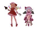  :d ascot bat_wings blonde_hair blue_hair brooch buttons crystal dress fang flandre_scarlet frills hat hat_ribbon highres holding holding_weapon jewelry laevatein light_blush looking_at_viewer mary_janes mob_cap on_chair one_side_up open_mouth pink_dress puffy_short_sleeves puffy_sleeves red_eyes red_footwear red_vest reddizen remilia_scarlet ribbon ribbon_trim shoes short_sleeves side_ponytail sitting smile standing touhou vest weapon white_background wings wrist_cuffs 