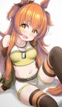  1girl :d animal_ears bangs belt black_legwear blush breasts brown_belt brown_ribbon commentary_request ear_ribbon eyebrows_visible_through_hair highres horse_ears horse_girl horse_tail kibihimi mayano_top_gun_(umamusume) medium_breasts midriff navel open_mouth ribbon shorts simple_background sitting smile solo tail thighhighs thighs umamusume white_background white_shorts yellow_eyes 