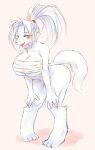  anthro bandage bottomless breasts canid canine cleavage clothed clothing female fox fur hair hands_on_knees hi_res hindpaw htg kemono leaning leaning_forward mammal open_mouth open_smile paws pink_background ponytail red_eyes simple_background smile solo white_body white_fur white_hair 