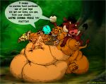 belly big_belly bodily_fluids colored cupcake detailed_background disney english_text felid feral food food_stains group herpestid hi_res lion male mammal meerkat obese obese_feral obese_male overweight overweight_feral overweight_male pantherine pizza pumbaa sedit simba slob stains stuffing suid suina tears text the_lion_king timon warthog 