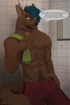 anthro blue_hair bottomwear canid canine canis clothing collar dialogue hair heterochromia hi_res looking_at_viewer male mammal muscular muscular_male neck_tuft pubes scar shorts shower solo towel tuft voluge_(volugewolf) wolf zempy3 