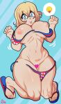  1girl :p areolae bangs bare_shoulders bikini blonde_hair blue_eyes blush breasts censored crossed_bangs emoji eyebrows_visible_through_hair full_body hair_between_eyes heart heart_censor highres kanojo_okarishimasu looking_at_viewer motion_lines nanami_mami navel nipples raised_eyebrows sandals shiny shiny_skin short_hair signature simple_background solo speech_bubble swimsuit theironmountain tongue tongue_out wardrobe_malfunction 