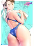  1girl artist_name ass blue_swimsuit brown_eyes brown_hair bun_cover chun-li competition_swimsuit cowboy_shot double_bun from_behind h-mune looking_at_viewer one-piece_swimsuit parted_lips short_hair smile solo street_fighter swimsuit towel towel_around_neck twitter_username zoom_layer 