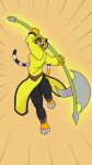  anthro attack clothed clothing dreamworks felid female halberd hi_res holding_object holding_weapon kung_fu kung_fu_panda looking_at_viewer mammal master_tigress melee_weapon notamo pantherine polearm simple_background solo tiger weapon weapon_on_shoulder 