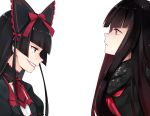  2girls bangs black_hair black_serafuku blunt_bangs commentary_request crossed_arms crossover expressionless fate/grand_order fate_(series) gate_-_jieitai_ka_no_chi_nite_kaku_tatakaeri gothic_lolita hair_ornament hair_ribbon highres hime_cut jitome katsuobushi_(eba_games) lolita_fashion long_hair look-alike looking_at_another multiple_girls oryou_(fate) red_eyes ribbon rory_mercury scarf school_uniform serafuku smile standing transparent_background uniform 