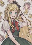  1girl :d arm_up black_bow blonde_hair blush bow bowtie braid breasts character_print collared_shirt commentary_request crown_braid danganronpa_(series) danganronpa_2:_goodbye_despair dress french_braid green_dress green_eyes hair_bow hand_in_hair heart long_hair looking_at_viewer medium_breasts open_mouth pinafore_dress puffy_short_sleeves puffy_sleeves red_bow red_neckwear seunohala shirt short_sleeves smile solo sonia_nevermind souda_kazuichi sticker upper_teeth white_shirt 