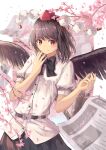  1girl arms_up bangs belt bird_wings black_hair black_neckwear black_skirt black_wings bow bowtie cherry_blossoms feathered_wings grin hand_on_own_chin hat leaning_to_the_side looking_at_viewer newspaper ookashippo petals pom_pom_(clothes) puffy_short_sleeves puffy_sleeves red_eyes red_headwear shameimaru_aya shirt short_sleeves skirt smile solo standing tokin_hat touhou tree_branch untucked_shirt upper_body white_background white_shirt wings 