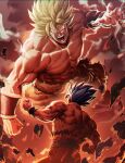  2boys abs blonde_hair bracer broly clenched_hand clenched_hands dragon_ball from_below highres male_focus multiple_boys muscular muscular_male open_mouth pants sash shirtless son_goku soy_chicken spiked_hair teeth tongue wristband 