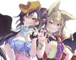  2girls animal_ears bandana bangs bare_shoulders black_hair black_wings blue_shirt blush bracelet breasts brown_headwear cleavage commentary_request cowboy_hat earmuffs earrings eyebrows_visible_through_hair grin hair_between_eyes hat jewelry kurokoma_saki long_hair looking_at_viewer medium_breasts multiple_girls nail_polish off-shoulder_shirt off_shoulder pointy_hair purple_nails red_eyes shirt short_hair short_sleeves simple_background sleeveless small_breasts smile syuri22 touhou toyosatomimi_no_miko uneven_eyes upper_body white_background wings 