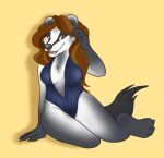  angie_(ferretfyre) anthro badger blue_clothing brown_hair claws clothing european_badger facial_markings female fur grey_body grey_fur hair head_markings long_hair mammal markings meles mustelid musteline neatotito smile solo solo_focus swimwear 