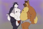  2021 absurd_res anthro bellies_touching belly bulge canid canine canis clothing domestic_dog duo hair hi_res jockstrap male mammal moobs nipples obese obese_anthro obese_male overweight overweight_anthro overweight_male purple_background simple_background standing tcw underwear 