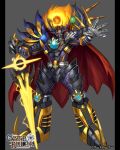  diacto fiery_hair gate_ruler grey_background holding holding_sword holding_weapon looking_to_the_side mecha no_humans official_art open_hand open_mouth science_fiction sharp_teeth shousuke_(skirge) solo sword teeth weapon yellow_eyes 