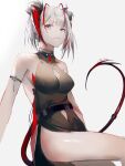  1girl antennae arknights arm_strap bangs bare_shoulders black_dress breasts commentary_request dress grey_background highres horns mackia medium_breasts simple_background sitting sleeveless sleeveless_dress solo tail thighs w_(arknights) 