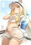  1girl absurdres animal_ears ash_arms blonde_hair bottle breasts collared_shirt cowboy_shot crop_top eyebrows_visible_through_hair hair_over_one_eye highres holding holding_bottle holding_towel long_hair looking_at_viewer navel parted_lips ponytail see-through shirt short_sleeves signature skirt small_breasts solo standing sweat thighs towel undeedking visor_cap vk16.02_leopard_(ash_arms) water_bottle wet white_shirt white_skirt yellow_eyes 
