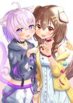  2girls :3 :d absurdres animal_collar animal_ear_fluff animal_ears bangs blush brown_hair cat_ears cat_girl cat_tail claw_pose collar cowboy_shot dog_ears dog_girl dog_tail fang hair_between_eyes highres holding_hands hololive huge_filesize interlocked_fingers inugami_korone kairono3jou looking_at_viewer multiple_girls nekomata_okayu open_mouth paw_pose purple_hair simple_background smile tail virtual_youtuber white_background 