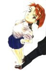  1990s_(style) 1girl arms_behind_back artist_name bangs bending_backward black_footwear blue_skirt bob_cut breasts brown_eyes brown_hair dress_shirt el_hazard eyelashes foreshortening from_above full_body hair_strand hands_on_hips jinnai_nanami light_smile looking_at_viewer looking_up medium_breasts nakazawa_kazuto official_art pleated_skirt retro_artstyle scan school_uniform shadow shirt shoes short_hair short_sleeves signature simple_background skirt solo source_request standing swept_bangs white_background white_shirt 