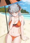  1girl arknights arm_support bangs bare_arms bare_shoulders beach beach_umbrella bkjhjh blush breasts chinese_commentary cleavage commentary_request cowboy_shot earrings feathers groin hand_up highres horns jewelry long_hair looking_at_viewer medium_breasts navel orange_eyes orange_umbrella outdoors rhine_lab_logo saria_(arknights) silver_hair sitting solo stomach umbrella v-shaped_eyebrows 