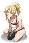  1girl bangs bare_shoulders blonde_hair boxing_gloves braid breasts bruise bruise_on_face cleavage closed_mouth collarbone eyebrows_visible_through_hair fate/grand_order fate_(series) green_eyes highres injury jewelry kneeling long_hair looking_at_viewer medium_breasts mordred_(fate) mordred_(fate)_(all) necklace parted_bangs ponytail pout red_scrunchie scrunchie shiny shiny_hair shoes simple_background small_breasts solo tonee white_background 