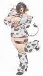  1girl abstract_background ahoge animal_ears animal_print areola_slip areolae arm_up artist_name barcode bare_shoulders bell black_hair blush breasts collar covered_navel covered_nipples cow_print cow_tail cowbell ear_tag glasses grid_background hair_over_one_eye heart high_heels highres holding holding_pen holding_tablet_pc hooves horns leg_warmers long_sleeves looking_at_viewer medium_hair muroku_(aimichiyo0526) neck_bell open_mouth pen safety_pin semi-rimless_eyewear solo standing standing_on_one_leg stylus tablet_pc tail thick_eyebrows thick_thighs thigh_strap thighs under-rim_eyewear underbust zipper zipper_pull_tab 