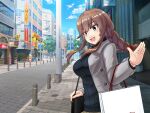  1girl bag bangs black_sweater blue_sky braid brown_hair cloud commentary_request day green_eyes grey_jacket jacket kaminashi_yamato kantai_collection noshiro_(kancolle) official_alternate_costume open_mouth outdoors road shopping_bag sky solo sweater swept_bangs teeth twin_braids upper_body waving 