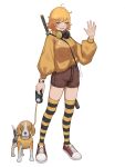  1girl ahoge antenna_hair arc2urus bangs beagle black_legwear blonde_hair blush brown_shorts grin hair_ornament hairclip hand_up headphones headphones_around_neck highres holding holding_leash leash long_sleeves orange_hair orange_legwear original pokemon_go_plus shiny shiny_hair shoes short_hair shorts simple_background smile sneakers striped striped_legwear sweater_tucked_in thighhighs weapon weapon_on_back white_background 