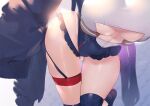  1girl all_fours allen_m._sumner_(azur_lane) ass_visible_through_thighs azur_lane bent_over black_coat black_footwear black_leotard blue_hair breasts clothing_cutout coat commentary_request covered_navel frilled_leotard frills groin highres hoshi-san_(hoshimeow7) knee_pads leotard light_particles long_hair long_sleeves lower_body medium_breasts open_clothes open_coat out_of_frame shoes signature skindentation sleeves_past_fingers sleeves_past_wrists solo thigh_gap thigh_strap two-tone_leotard underboob underboob_cutout 