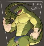  2021 abs anthro biceps bulge claws clothing crocodile crocodilian crocodylid dc_comics finger_claws green_body green_scales grey_background hand_wraps hi_res jrjresq killer_croc looking_at_viewer male multicolored_body muscular muscular_anthro muscular_male obliques open_mouth pecs pinup portrait pose quads raised_tail reptile scales scalie sharp_teeth simple_background smile solo teeth thong three-quarter_portrait tongue triceps two_tone_body underwear wraps yellow_sclera 
