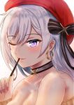 1girl akuakuran aran_sweater azur_lane bare_shoulders belfast_(azur_lane) belfast_(shopping_with_the_head_maid)_(azur_lane) beret black_choker breasts brown_sweater choker cleavage earrings eyebrows_visible_through_hair food hat heart heart-shaped_pupils holding holding_food holding_pocky hoop_earrings jewelry large_breasts long_hair off-shoulder_sweater off_shoulder official_alternate_costume one_eye_closed pocky red_headwear red_nails simple_background solo sweater symbol-shaped_pupils white_background white_hair 