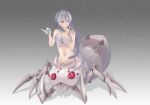  1girl absurdres animal_on_hand arachne armpit_crease arthropod_girl arthropod_legs bangs bare_shoulders braid breasts bug chinese_commentary cleavage clitoris closed_mouth commentary_request dated dongxue dual_persona extra_eyes eyebrows_visible_through_hair finger_to_cheek full_body gradient gradient_background grey_background groin hair_between_eyes highres kumo_desu_ga_nani_ka? kumoko_(kumo_desu_ga_nani_ka?) large_breasts long_hair monster_girl navel red_eyes shadow sidelocks silk simple_background single_braid solo_focus spider spider_girl spider_web spoilers standing stomach taur very_long_hair white_hair white_tubetop 