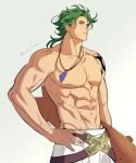  1boy abs bara brown_eyes collarbone green_hair hand_on_hip holding_skateboard jewelry joe_(sk8) long_hair male_focus messy_hair navel necklace ponytail shirtless shoulder_tattoo simple_background sk8_the_infinity skateboard standing tattoo white_background yotsuban 