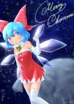  1girl absurdres alternate_costume artist_name bangs bare_shoulders bell blue_background blue_eyes blue_hair blush bow bowtie christmas cirno clenched_hand collarbone commentary_request detached_collar dress dutch_angle elbow_gloves english_text eyebrows_visible_through_hair flat_chest fur-trimmed_dress fur_collar fur_trim gloves green_neckwear hair_ribbon hand_up highres ice ice_wings katsura_dendou knees_together_feet_apart light_blush looking_to_the_side merry_christmas neck_bell open_mouth pom_pom_(clothes) red_dress red_ribbon ribbon shiny shiny_hair shiny_skin short_hair sidelocks signature skindentation snowflake_print solo space standing star_(sky) strapless strapless_dress thighhighs touhou twitter_username white_gloves white_legwear wings zettai_ryouiki 