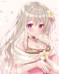  1girl bangs bare_shoulders blush breasts brown_background brown_hair cleavage collarbone commentary_request dress eyebrows_visible_through_hair flower hair_between_eyes hair_flower hair_ornament hair_ribbon hanakumo_rin_(vtuber) highres long_hair looking_at_viewer medium_breasts parted_lips petals pink_dress pink_ribbon propro_production purple_eyes ribbon signature sleeveless sleeveless_dress solo sousouman steepled_fingers upper_body very_long_hair virtual_youtuber white_flower 