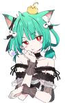  1girl animal_ears animal_on_head bare_shoulders bird black_choker blush_stickers cat_ears choker collarbone eyebrows_visible_through_hair gothic_lolita green_hair hololive ixy lolita_fashion looking_at_viewer on_head piyoko_(uruha_rushia) red_eyes short_hair simple_background solo symbol_commentary upper_body uruha_rushia virtual_youtuber white_background wrist_cuffs 