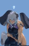  1girl ? black_legwear blue_background blush braid breasts character_request headgear highleg highleg_swimsuit highres hong_doo last_origin looking_at_viewer muscular muscular_female open_mouth orange_eyes silver_hair simple_background solo swimsuit thighhighs twin_braids wet wet_hair 