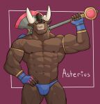  2021 abs anthro armband asterius_(hades) axe biceps black_eyes bovid bovine brown_body brown_fur brown_hair bulge cattle clothed clothing european_mythology fingerless_gloves fur gloves greek_mythology hair handwear hi_res holding_axe holding_object holding_weapon horn jrjresq looking_at_viewer male mammal melee_weapon minotaur muscular muscular_anthro muscular_male mythology nipples pecs pinup portrait pose purple_background quads simple_background skimpy solo thong three-quarter_portrait triceps underwear weapon 