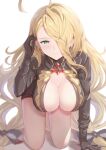  1girl ahoge all_fours black_gloves blonde_hair breasts earrings gloves granblue_fantasy green_eyes hair_over_one_eye hanging_breasts highres jewelry kimblee large_breasts long_hair predator_(granblue_fantasy) 