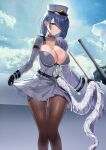  1girl azur_lane blue_sky breasts brown_legwear chapayev_(azur_lane) cleavage closed_mouth cloud day eyebrows_visible_through_hair eyes_visible_through_hair hair_over_one_eye hat highres large_breasts long_sleeves looking_at_viewer manu_(pixiv41646715) pantyhose peaked_cap pleated_skirt skirt sky smile solo standing white_headwear white_skirt 