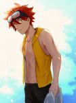  1boy black_shorts brown_eyes day goggles goggles_on_head hair_between_eyes highres kyan_reki light_smile looking_at_viewer male_focus messy_hair open_clothes open_vest outdoors red_hair sako_(oyatutabero) shorts sk8_the_infinity solo standing toned toned_male vest yellow_vest 