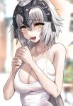  biting blurry blurry_background breasts cigarette cleavage commentary_request eyebrows_visible_through_hair fate/grand_order fate_(series) headpiece highres jeanne_d&#039;arc_(alter)_(fate) jeanne_d&#039;arc_(fate)_(all) large_breasts lighting_cigarette long_hair looking_at_viewer open_mouth silver_hair smoking standing suou-sensei tank_top upper_body yellow_eyes 