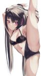  1girl absurdres ahoge armpits arms_up bangs bare_legs bare_shoulders black_bra black_hair black_shorts blush bra breasts collarbone commentary_request eyebrows_visible_through_hair hair_ribbon highres lace-trimmed_bra lace_trim legs long_hair looking_at_viewer medium_breasts mole mole_on_breast navel original purple_eyes purple_ribbon ribbon shirt shirt_lift short_shorts shorts sidelocks solo split standing standing_on_one_leg standing_split stomach torriet twintails underwear very_long_hair white_shirt 